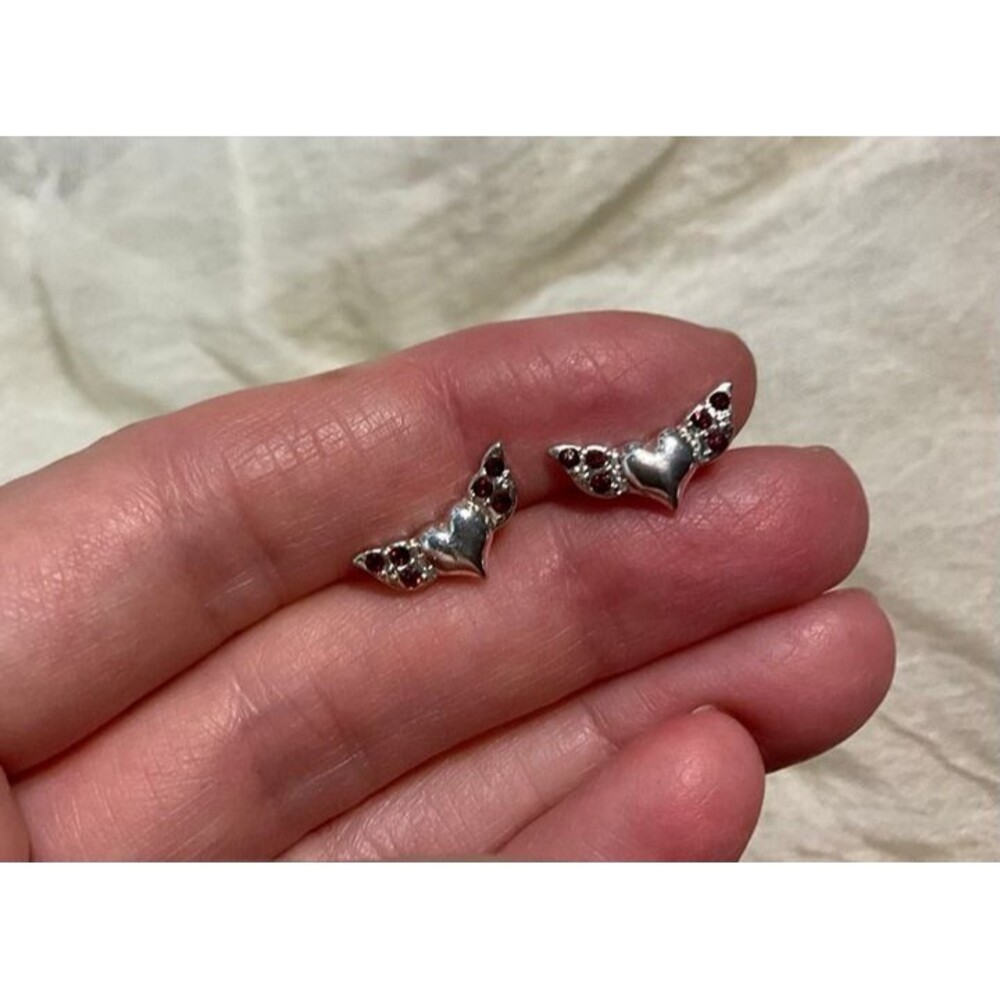 Silver Tone Hearts with Wings and Garnet Colored Stone Earrings